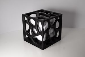 Contenção é o título da obra de Pedro Henrique Hochscheid Stelmach, consiste em duas fotografias de uma escultura feita a partir de um material plástico de um cubo com faces  pretas vazadas por orifícios de formas variadas. Dentro do cubo há um objeto branco, num formato que se assemelha à uma nuvem com gomos arredondados, fazendo contraste com o cubo, que combinado ao objeto se aproxima da ideia de uma gaiola cúbica. 